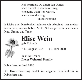 Traueranzeige von Elise Wein (geb. Schmidt)  von Magdeburger Volksstimme