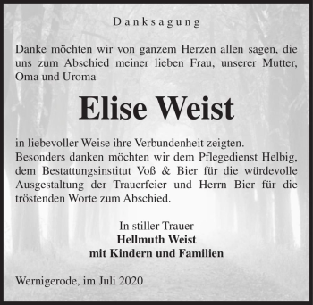 Traueranzeige von Elise Weist  von Magdeburger Volksstimme