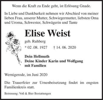 Traueranzeige von Elise Weist (geb. Ruhberg)  von Magdeburger Volksstimme