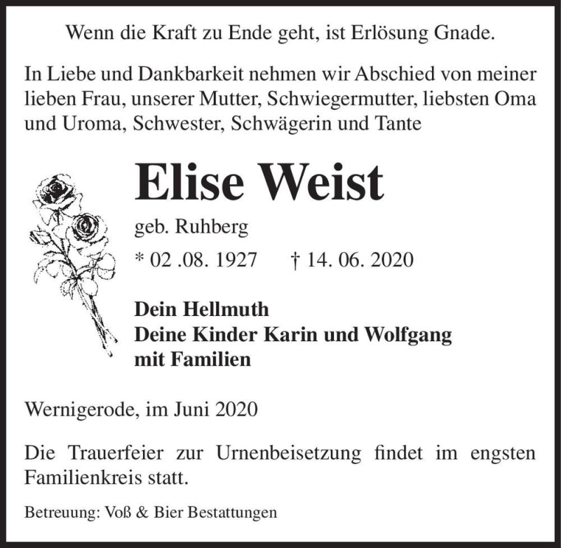  Traueranzeige für Elise Weist (geb. Ruhberg)  vom 20.06.2020 aus Magdeburger Volksstimme