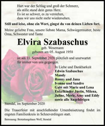 Traueranzeige von Elivira Szabaschus (geb. Wesemann)  von Magdeburger Volksstimme