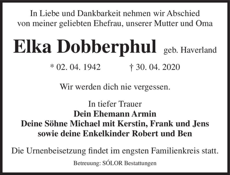  Traueranzeige für Elka Dobberphul (geb. Haverland)  vom 09.05.2020 aus Magdeburger Volksstimme