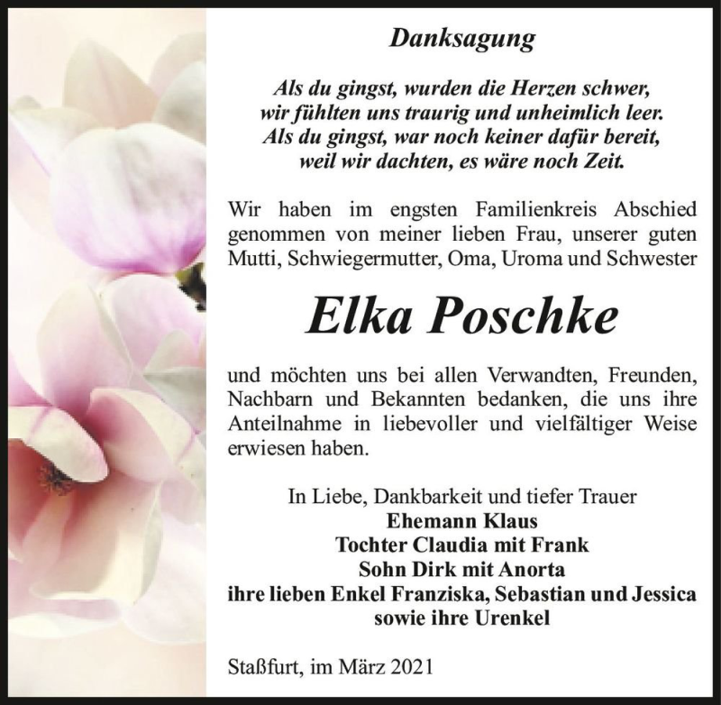  Traueranzeige für Elka Poschke  vom 03.04.2021 aus Magdeburger Volksstimme