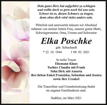 Traueranzeige von Elka Poschke (geb. Schuchardt)  von Magdeburger Volksstimme