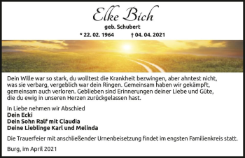 Traueranzeige von Elke Bich (geb. Schubert)  von Magdeburger Volksstimme