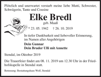 Traueranzeige von Elke Bredl (geb. Maaß)  von Magdeburger Volksstimme