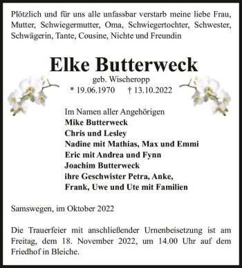 Traueranzeige von Elke Butterweck (geb. Wischeropp)  von Magdeburger Volksstimme
