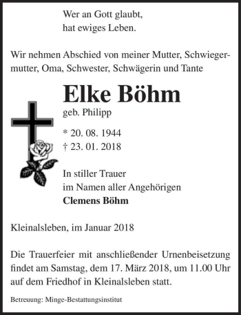 Traueranzeige von Elke Böhm (geb. Philipp)  von Magdeburger Volksstimme