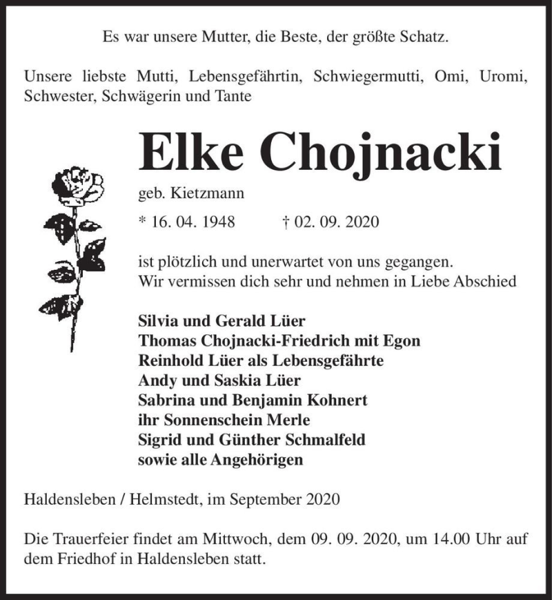  Traueranzeige für Elke Chojnacki (geb. Kietzmann)  vom 05.09.2020 aus Magdeburger Volksstimme