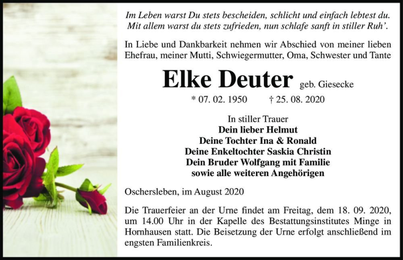  Traueranzeige für Elke Deuter (geb. Giesecke)  vom 05.09.2020 aus Magdeburger Volksstimme