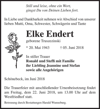 Traueranzeige von Elke Endert (geb. Truszezinski)  von Magdeburger Volksstimme