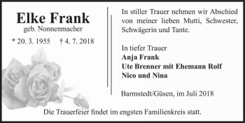 Traueranzeige von Elke Frank (geb. Nonnenmacher)  von Magdeburger Volksstimme
