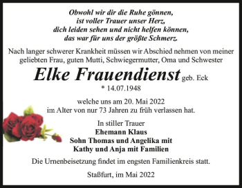 Traueranzeige von Elke Frauendienst (geb. Eck)  von Magdeburger Volksstimme