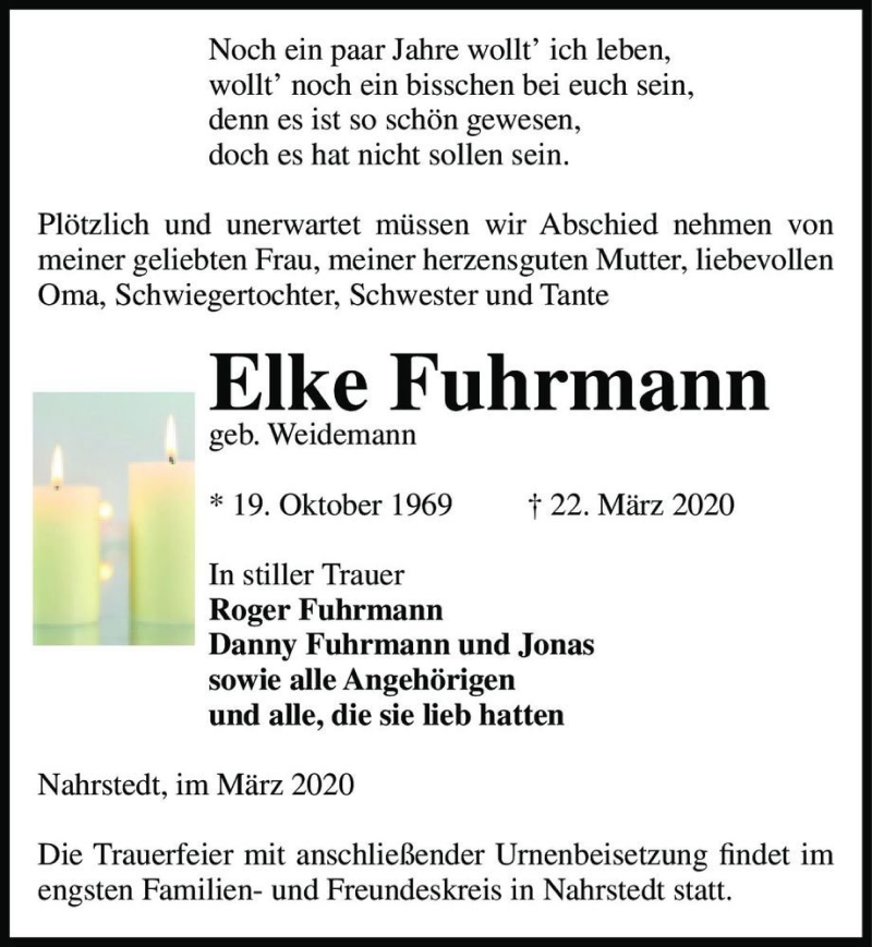  Traueranzeige für Elke Fuhrmann (geb. Weidemann)  vom 25.03.2020 aus Magdeburger Volksstimme