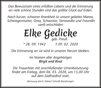 Traueranzeige von Elke Gedicke (geb. Preuß)  von Magdeburger Volksstimme