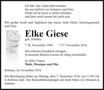 Traueranzeige von Elke Giese (geb. Schülke)  von Magdeburger Volksstimme
