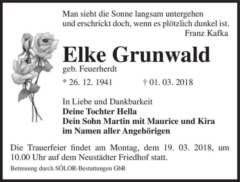  Traueranzeige für Elke Grunwald (geb. Feuerherdt)  vom 10.03.2018 aus Magdeburger Volksstimme