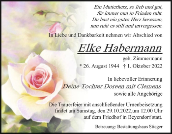 Traueranzeige von Elke Habermann (geb. Zimmermann)  von Magdeburger Volksstimme