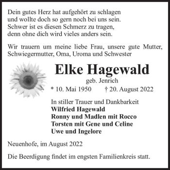 Traueranzeige von Elke Hagewald (geb. Jenrich)  von Magdeburger Volksstimme