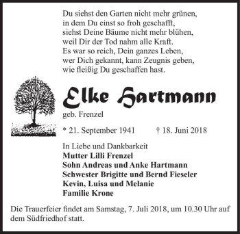 Traueranzeige von Elke Hartmann (geb. Frenzel)  von Magdeburger Volksstimme