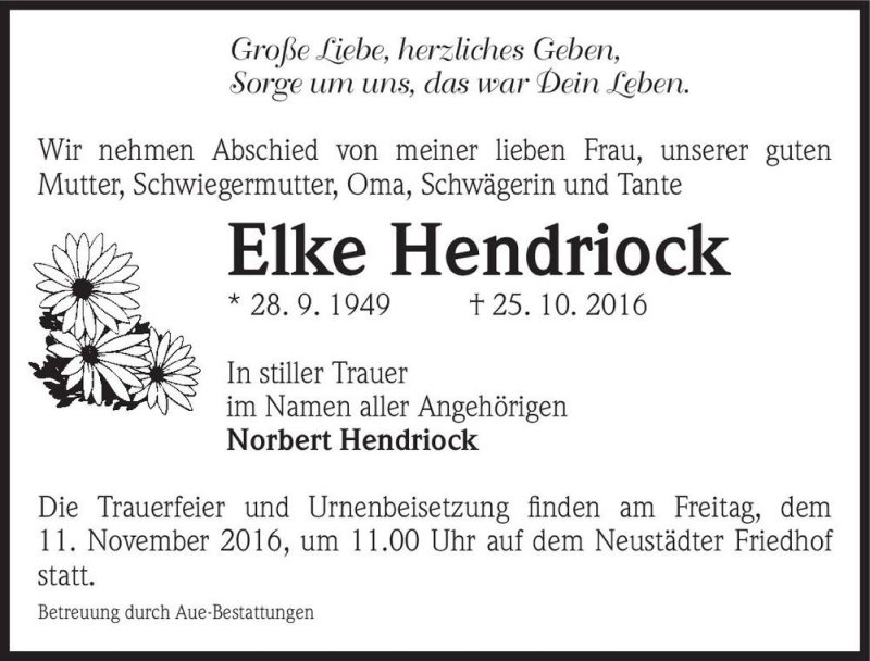  Traueranzeige für Elke Hendriock  vom 29.10.2016 aus Magdeburger Volksstimme