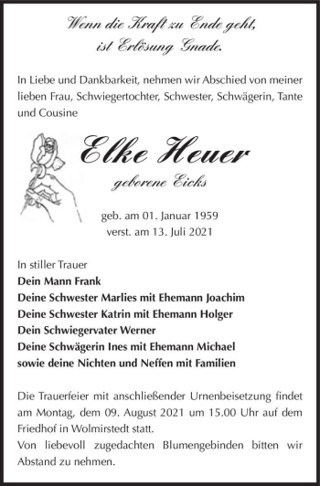 Traueranzeige von Elke Heuer (geb. Eicks)  von Magdeburger Volksstimme