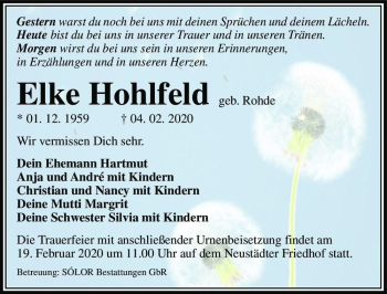 Traueranzeige von Elke Hohlfeld (geb. Rohde)  von Magdeburger Volksstimme