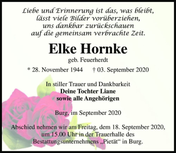Traueranzeige von Elke Hornke (geb. Feuerherdt)  von Magdeburger Volksstimme