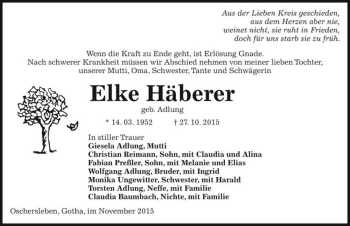 Traueranzeige von Elke Häberer (geb. Adlung)  von Magdeburger Volksstimme