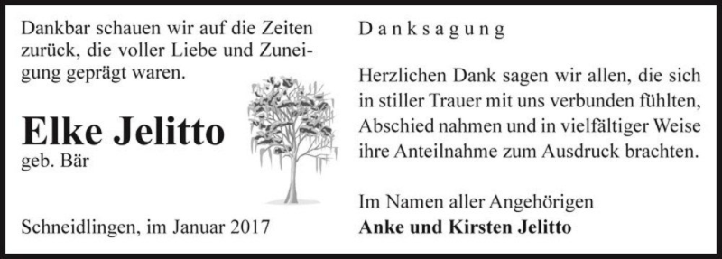  Traueranzeige für Elke Jelitto (geb. Bär)  vom 07.01.2017 aus Magdeburger Volksstimme