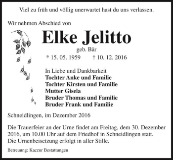 Traueranzeige von Elke Jelitto (geb. Bär)  von Magdeburger Volksstimme