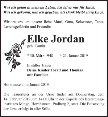 Traueranzeige von Elke Jordan (geb. Camin)  von Magdeburger Volksstimme