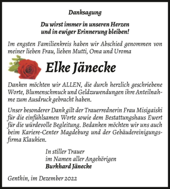 Traueranzeige von Elke Jänecke  von Magdeburger Volksstimme