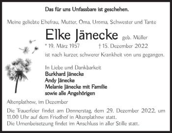 Traueranzeige von Elke Jänecke (geb. Müller)  von Magdeburger Volksstimme