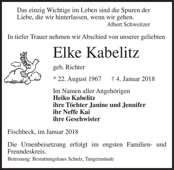 Traueranzeige von Elke Kabelitz (geb. Richter)  von Magdeburger Volksstimme