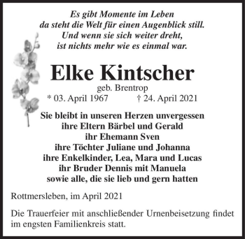 Traueranzeige von Elke Kintscher (geb. Brentrop)  von Magdeburger Volksstimme
