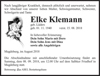 Traueranzeige von Elke Klemann (geb. Lüders)  von Magdeburger Volksstimme