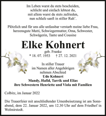 Traueranzeige von Elke Kohnert (geb. Franke)  von Magdeburger Volksstimme