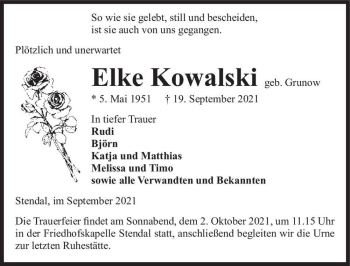 Traueranzeige von Elke Kowalski (geb. Grunow)  von Magdeburger Volksstimme
