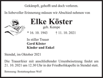 Traueranzeige von Elke Köster (geb. Kempe)  von Magdeburger Volksstimme