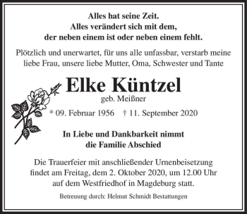 Traueranzeige von Elke Küntzel (geb. Meißner)  von Magdeburger Volksstimme