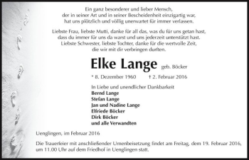 Traueranzeige von Elke Lange (geb. Böcker)  von Magdeburger Volksstimme
