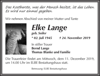 Traueranzeige von Elke Lange (geb. Seiler)  von Magdeburger Volksstimme