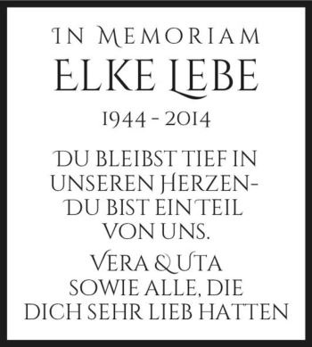 Traueranzeige von Elke Lebe  von Magdeburger Volksstimme
