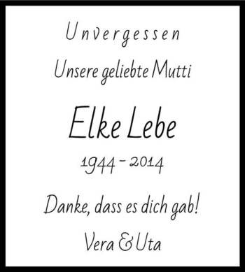 Traueranzeige von Elke Lebe  von Magdeburger Volksstimme