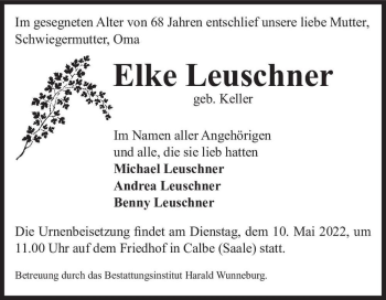 Traueranzeige von Elke Leuschner (geb. Keller)  von Magdeburger Volksstimme