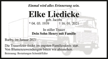 Traueranzeige von Elke Liedicke (geb. Jacobs)  von Magdeburger Volksstimme
