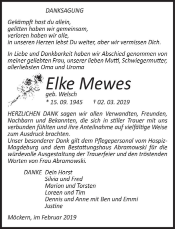 Traueranzeige von Elke Mewes (geb. Welsch)  von Magdeburger Volksstimme