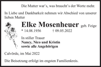 Traueranzeige von Elke Mosenheuer (geb. Feige)  von Magdeburger Volksstimme