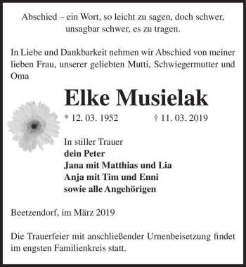 Traueranzeige von Elke Musielak  von Magdeburger Volksstimme